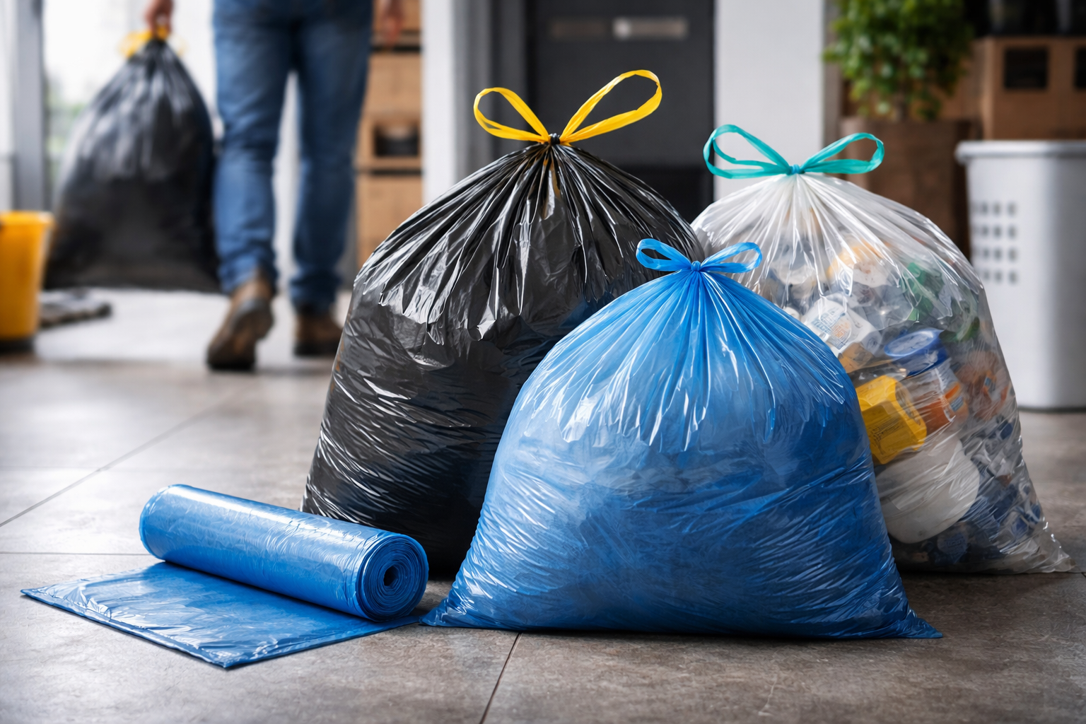 verschiende Müllsäcke mit Abfall stehen neben einer Rolle Abfallsäcke
