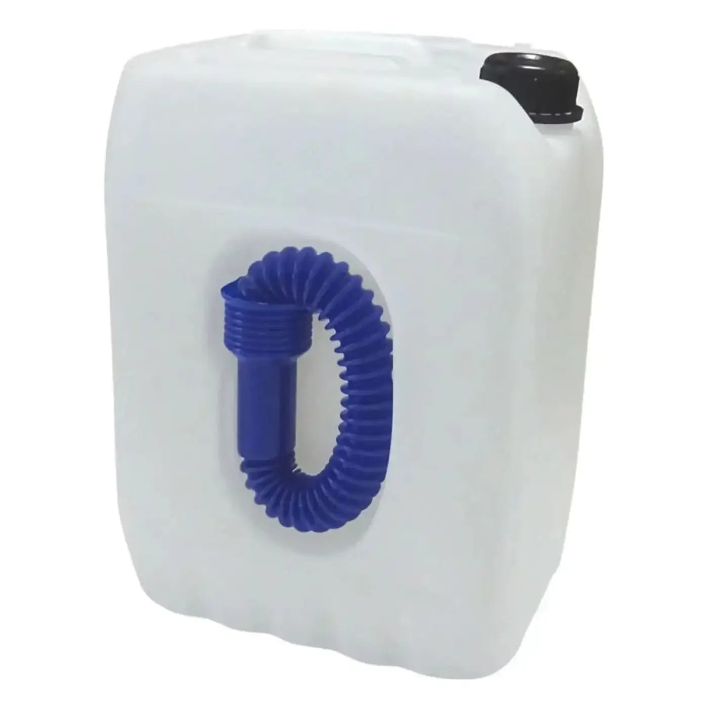 Weißer kunststoffkanister 10 liter ad blue mit schwarzem deckel und blauem flexiblen schlauch an der seite
