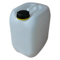 Weißer kunststoffkanister 10 liter mit schwarzem deckel und gelbem rand aus HDPE natur material DIN45