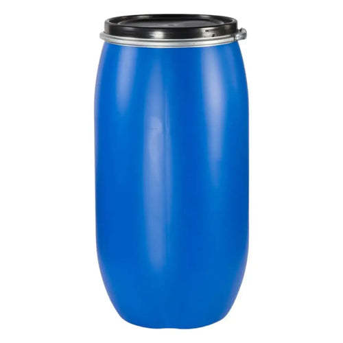 Blaues 150 liter weithalsfass aus kunststoff mit schwarzem deckel und silbernem rand