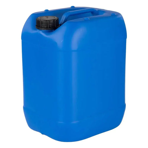 Blauer 20 liter kanister aus hdpe mit schwarzem schraubverschluss und integriertem griff aus kunststoff din61