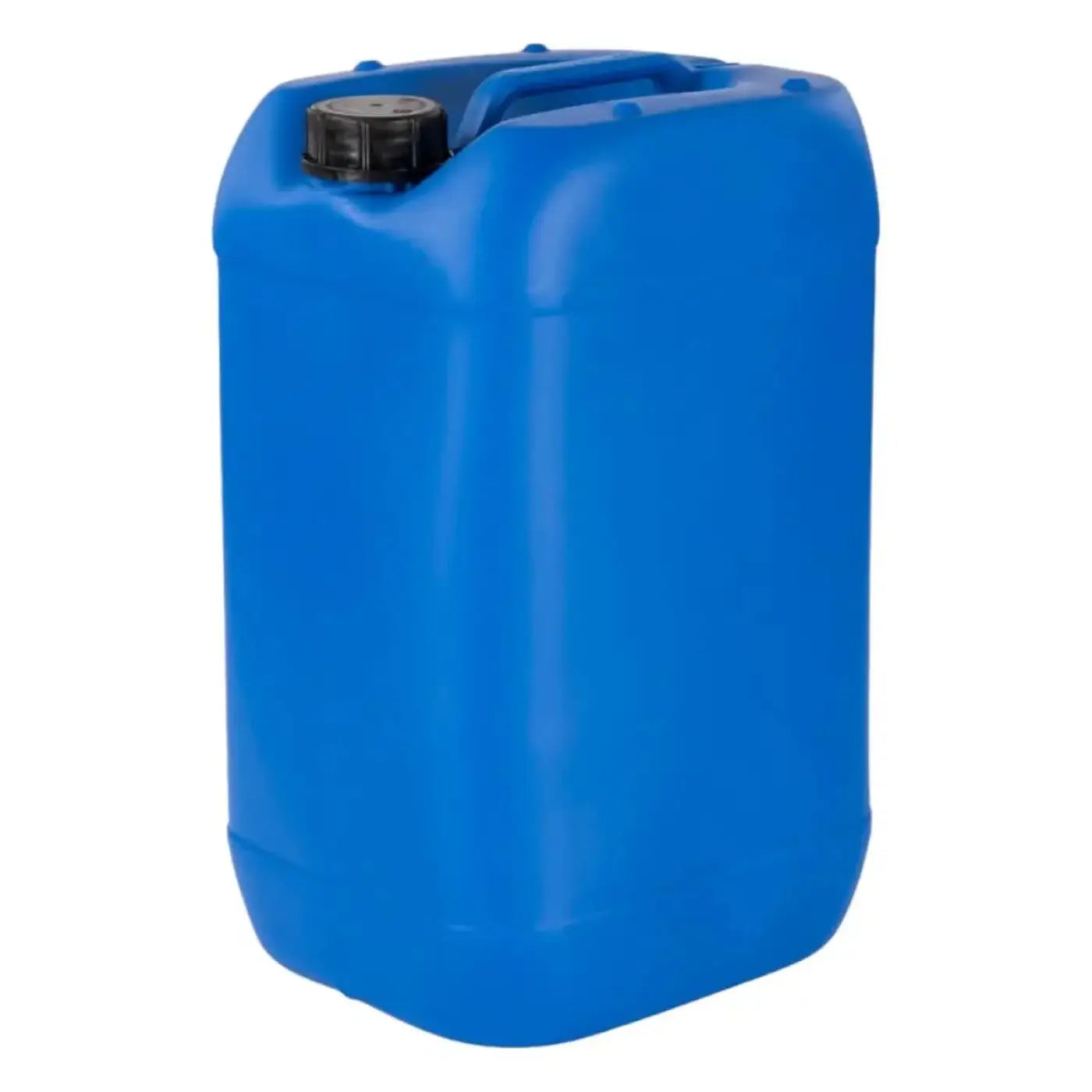 Blauer kunststoffkanister 25 liter mit schwarzem schraubverschluss und integriertem griff aus hdpe material din61