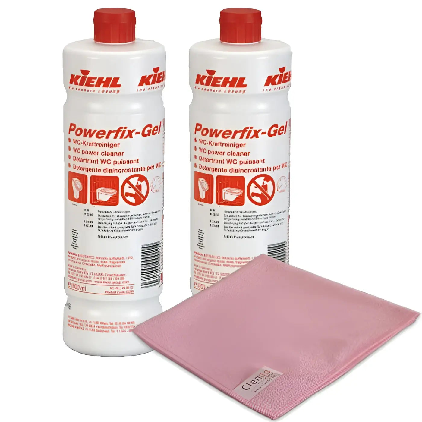 Zwei weiße kunststoffflaschen kiehl powerfix-gel wc-kraftreiniger mit roten deckeln neben rosa mikrofasertuch
