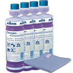 Vier set kiehl torvan konzentrat aktivreiniger 1l mit mikrofasertuch sechs flaschen lila flüssigkeit blaue verschlüsse