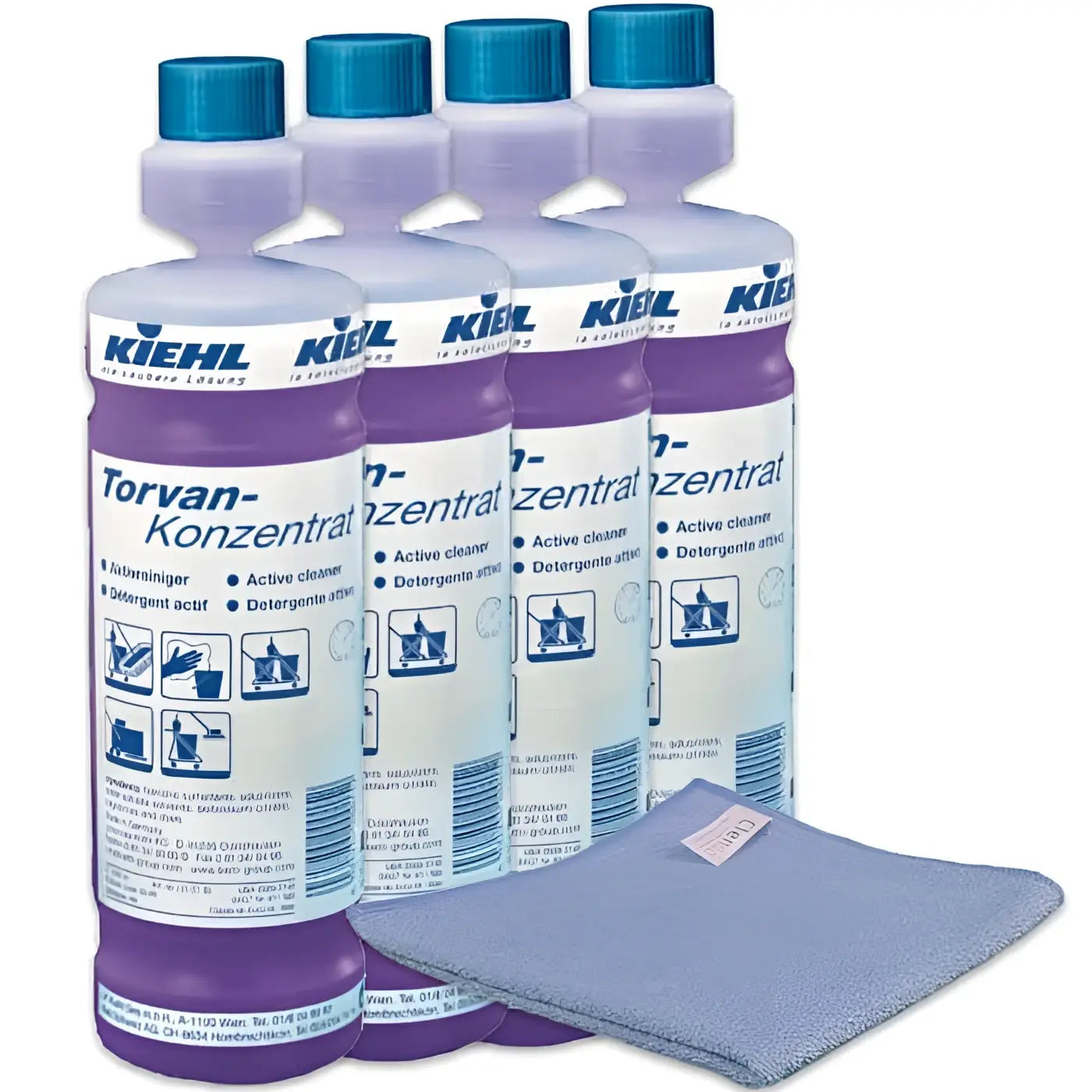 Vier set kiehl torvan konzentrat aktivreiniger 1l mit mikrofasertuch sechs flaschen lila flüssigkeit blaue verschlüsse