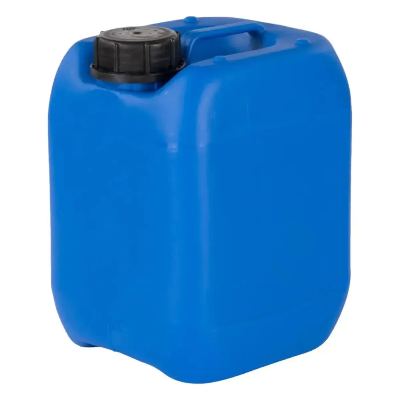 Blauer kunststoff kanister 5 liter mit schwarzem schraubverschluss und integriertem griff aus hdpe material