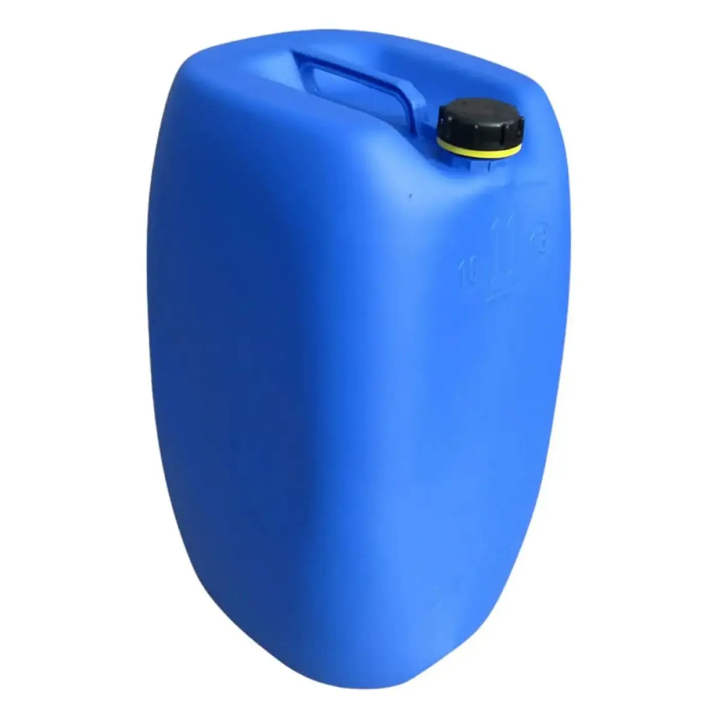Blauer 60 liter kunststoff kanister din61 mit griff aus hdpe und schwarzem gelbem deckel