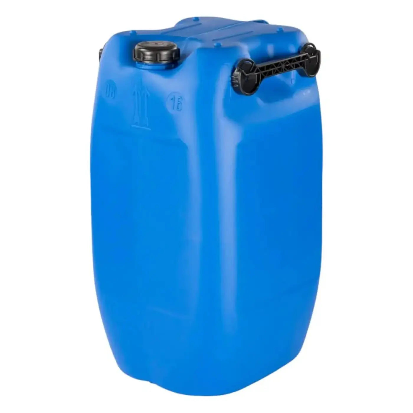 Blauer 60 liter kunststoff kanister aus hdpe mit schwarzem deckel und 3 griffen gemäß din71