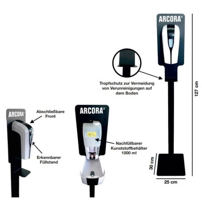 Schwarzer und silberner arcora wandmontierter handdesinfektionsmittelspender mit 1000 ml nachfüllbarem reservoir
