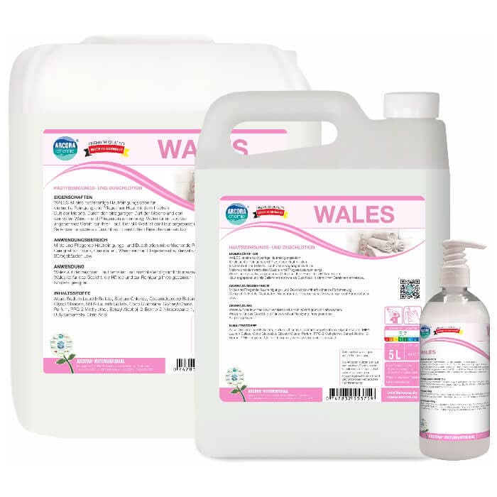 Arcora wales hautreinigungs und duschlotion 5l in pink und weiß mit pumpspender für sanfte hautreinigung