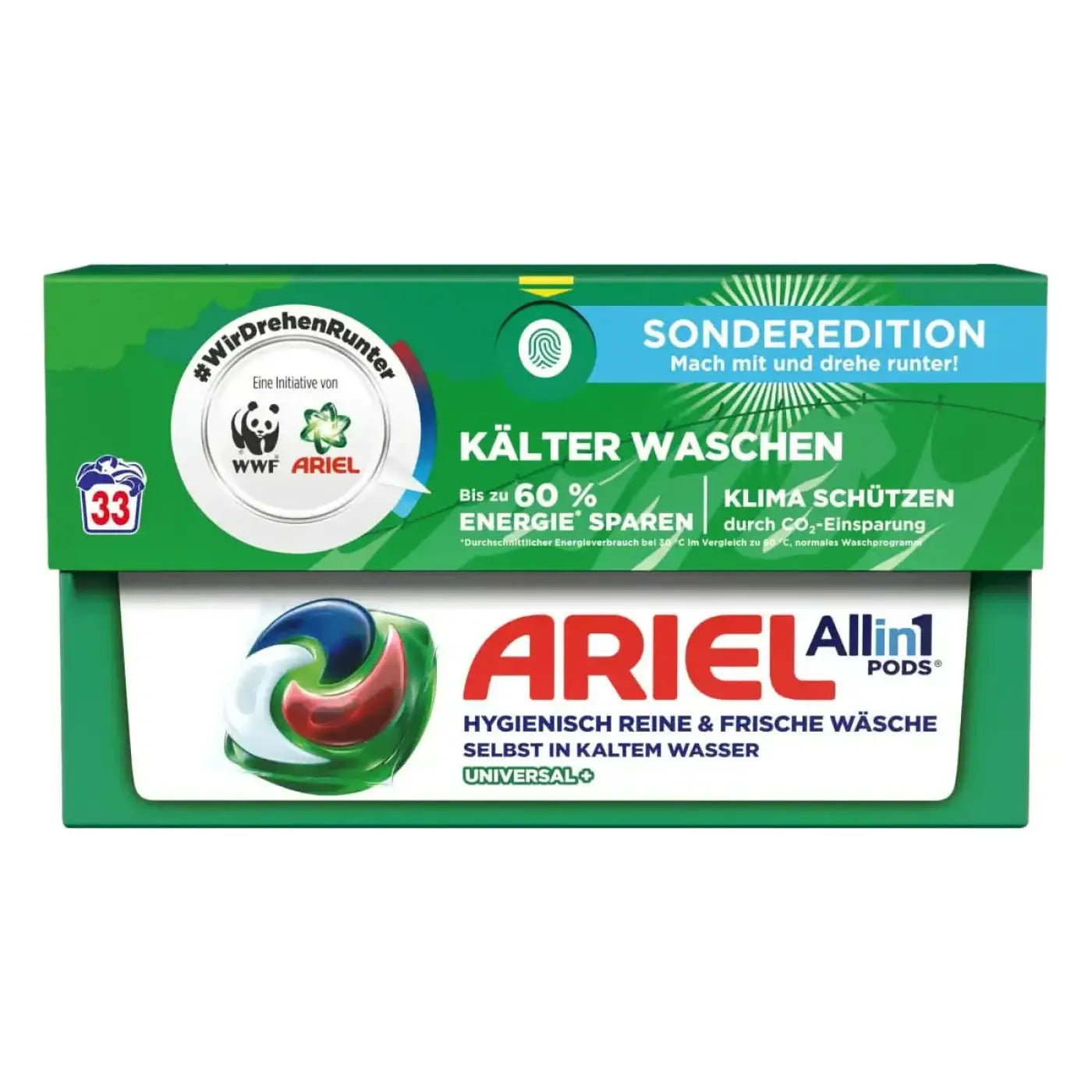 Grüne und weiße box mit ariel pods all in 1 universal waschmittel 33 waschladungen für gründliche reinigung