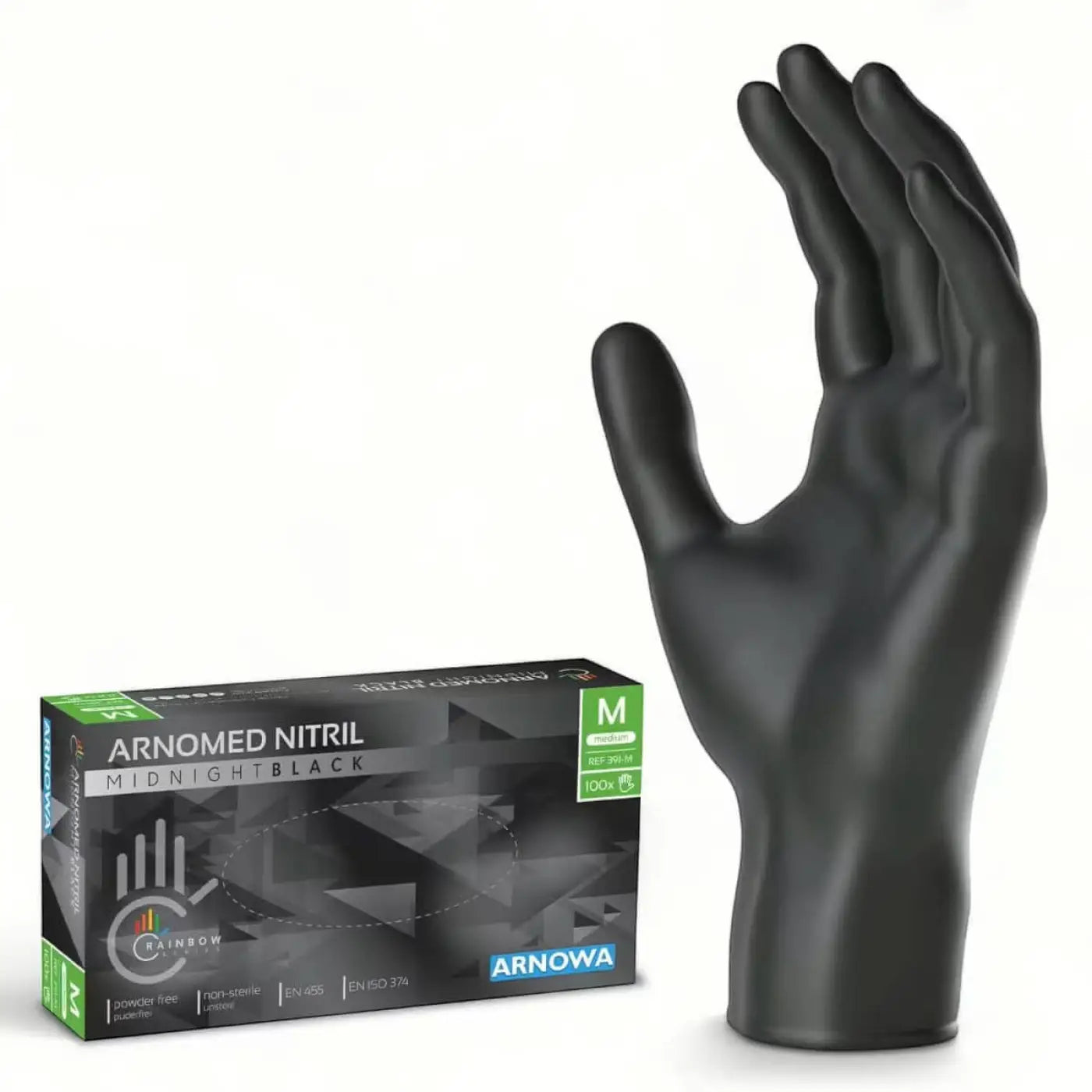 Eine einzelne schwarze nitrilhandschuh der größe medium aus der arnomed midnight black linie von arnova