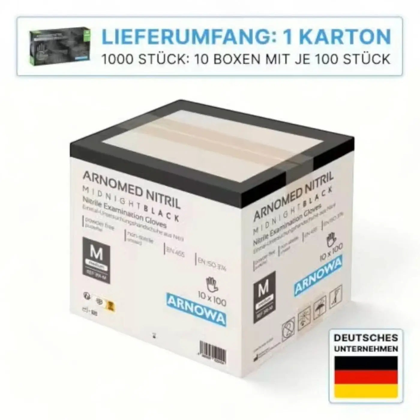 Weiße kartonverpackung mit schwarzem rand und blauer arnomed-marke für nitril midnight black einweghandschuhe größe m