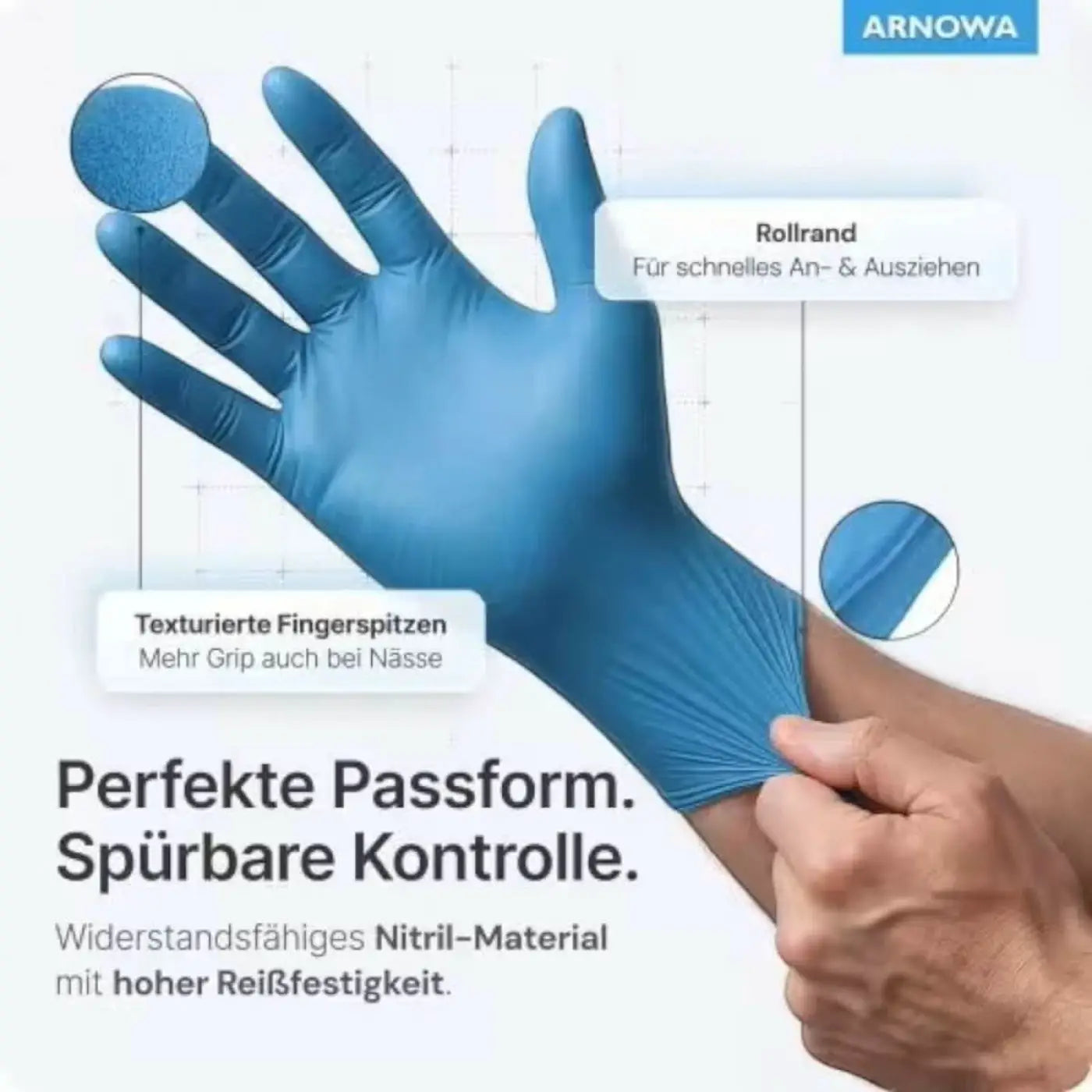 Arnomed nitril-einweghandschuhe 100 stück in blau mit strukturierten fingerkuppen und rollbund für einfaches anziehen