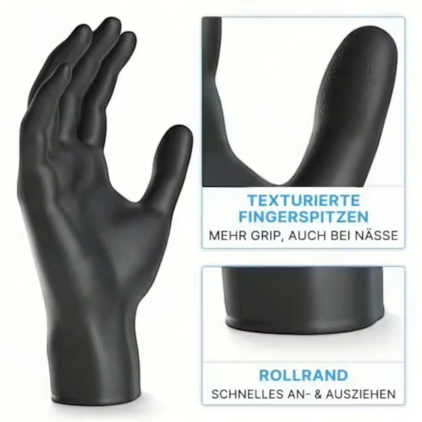 Schwarzer nitril-handschuh von arnomed mit strukturierter griffoberfläche und rollbund puderfrei 200 stück