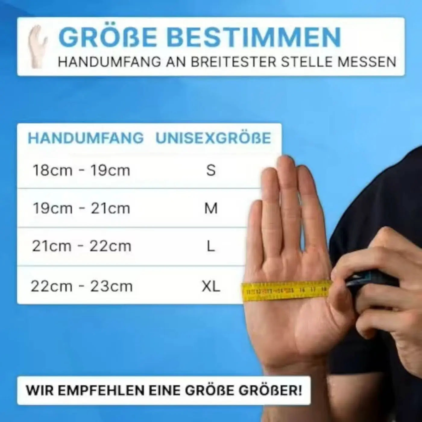 Ein gelbes maßband misst die handgröße für arnomed puderfreie vinyl-handschuhe 100 stück