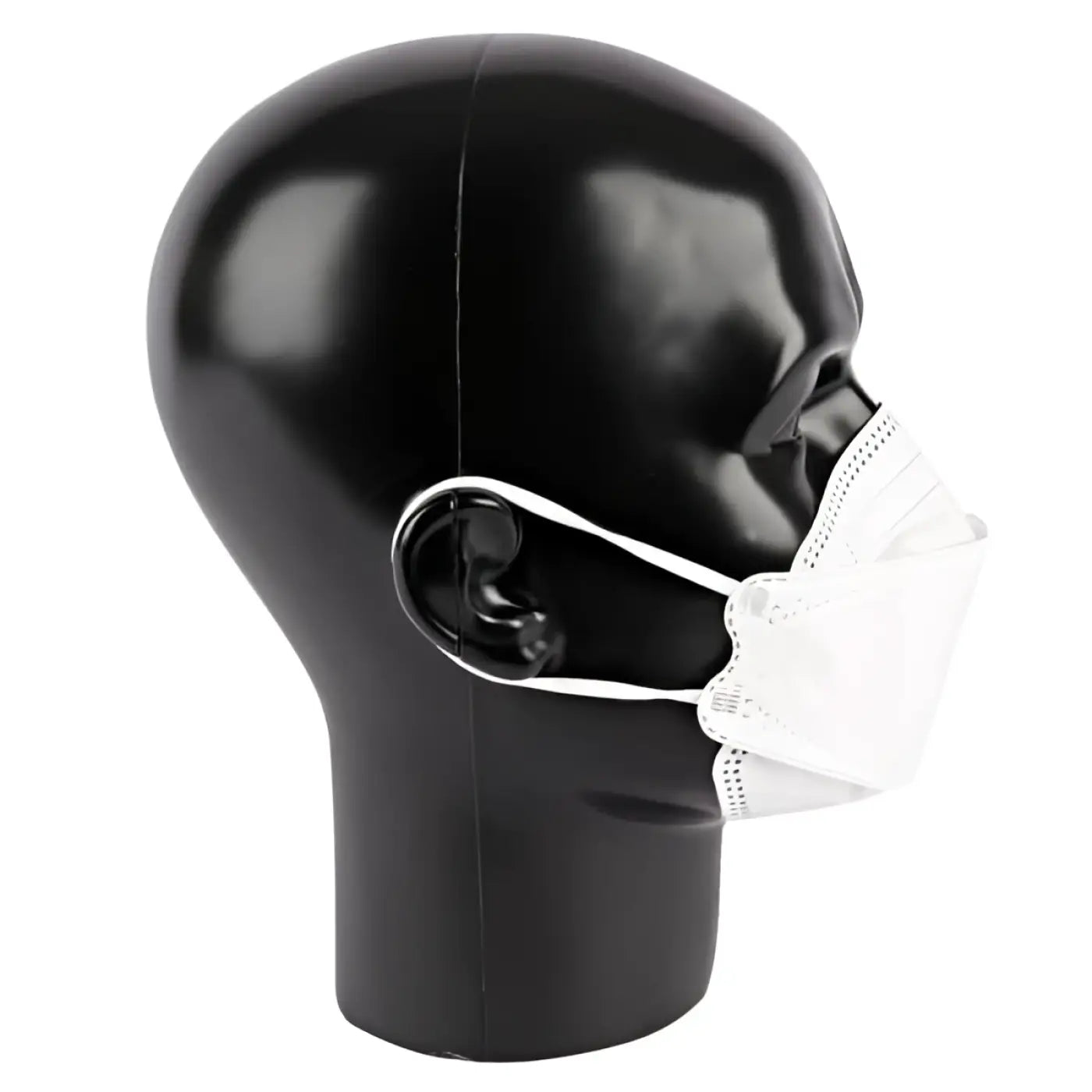 Weißes ffp2 atemschutzmaske mit elastischen ohrschlaufen aus pp im 3d-design auf schwarzer mannequin-kopf