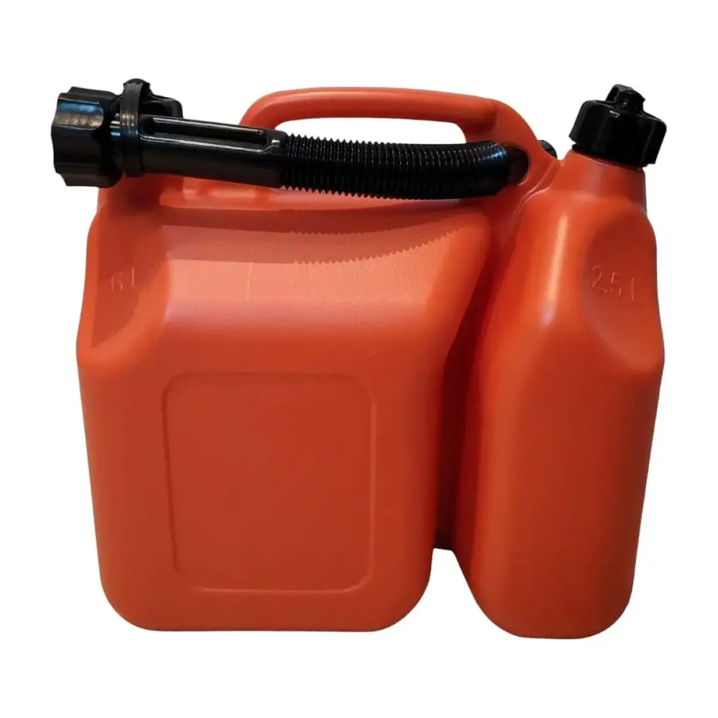 Orange plastik benzinkanister kombi mit 2,5 und 6 liter und schwarzem flexiblem schlauch und ausgießer