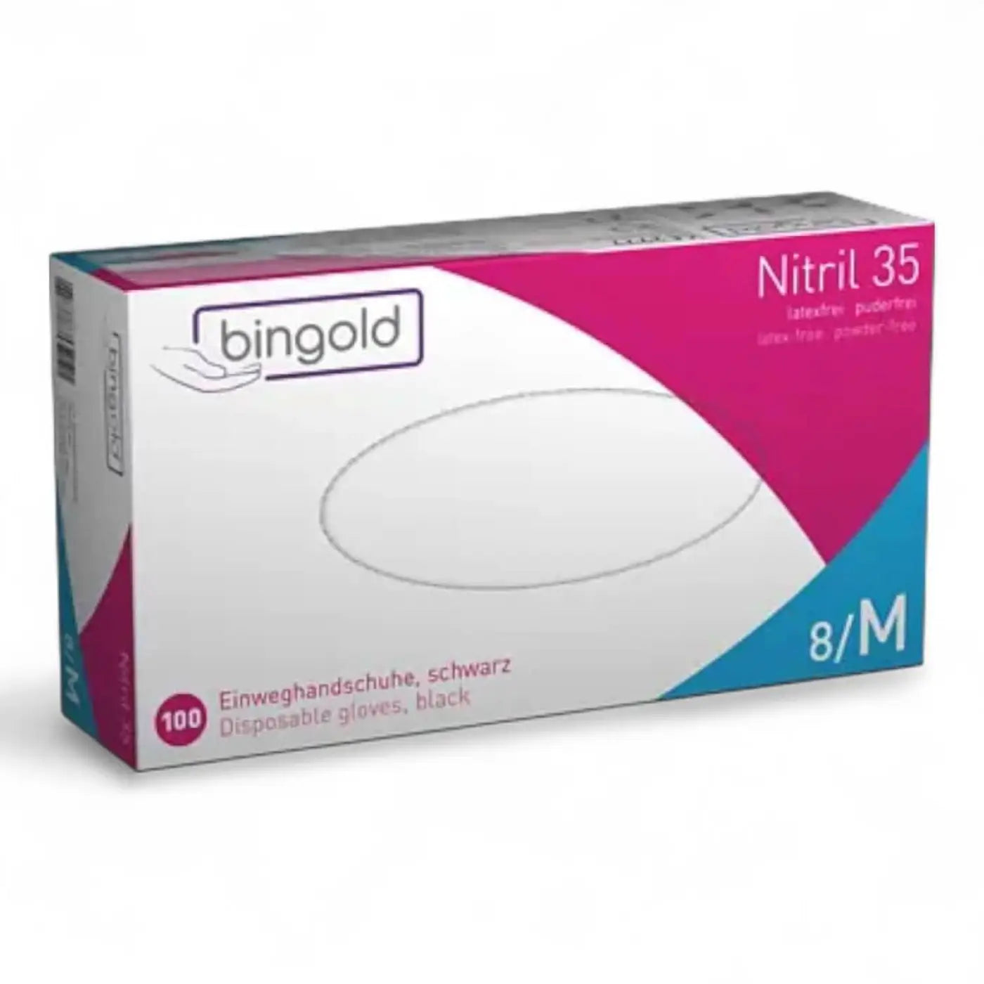 Eine box mit 100 schwarzen puderfreien nitril einweghandschuhen grösse m von bingold
