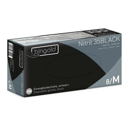 Schwarze bingold nitril 35black puderfreie einweghandschuhe aus nitril in moderner verpackung mit 100 stück