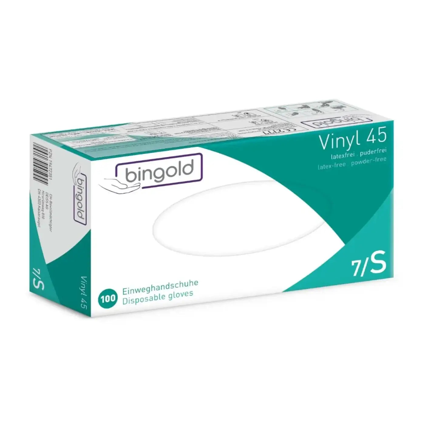 Teal und weiße schachtel bingold vinyl puderfreie einweghandschuhe transparent größe 7 s 100 stück