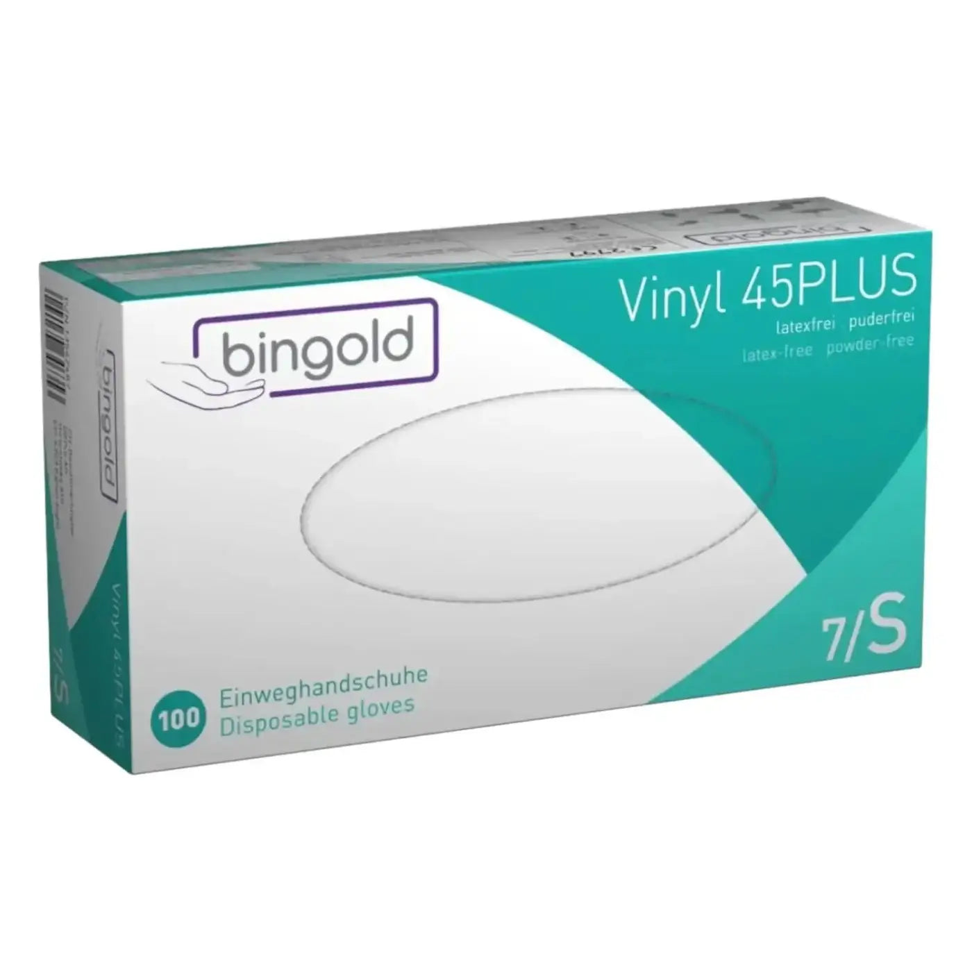Bingold vinyl 45plus puderfreie transparente einweghandschuhe latexfrei in einer türkis weißen box mit 100 stück