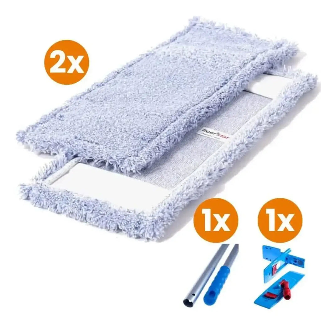 Hellblaue mikrofasermop-pads mit weißen kunststoffrahmen für bodenwischer profi-set allround 40 cm