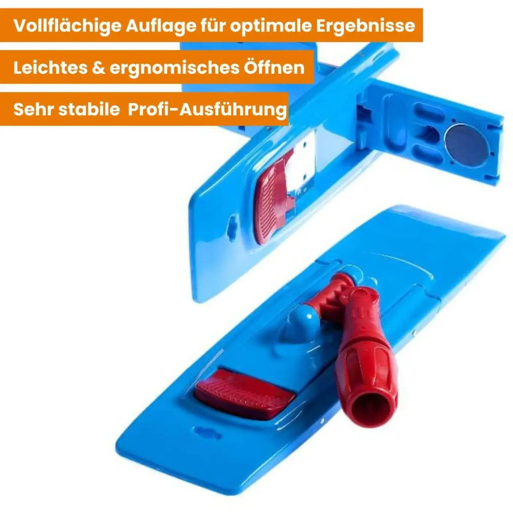 Blauer und roter plastik-bodenwischer mit ergonomischem griff aus dem bodenwischer profi-set mit wischmops allround 50