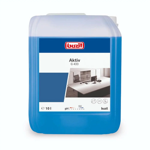 Blaues flüssig-reinigungskonzentrat buzil aktiv g433 intensivreiniger 10 liter kunststoffkanister mit weißem deckel