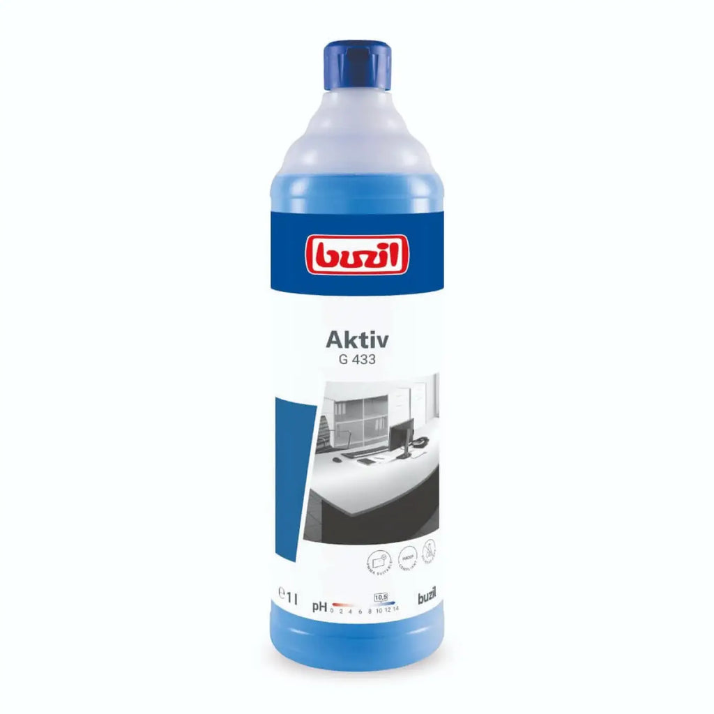 Blaue buzil aktiv g 433 glasreiniger flasche mit blauem deckel und weißem etikett zeigt bürotischbild