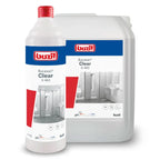 Buzil Bucasan clear g 463 sanitärreiniger 10l in weißer flasche mit rotem deckel und großem grauem kanister