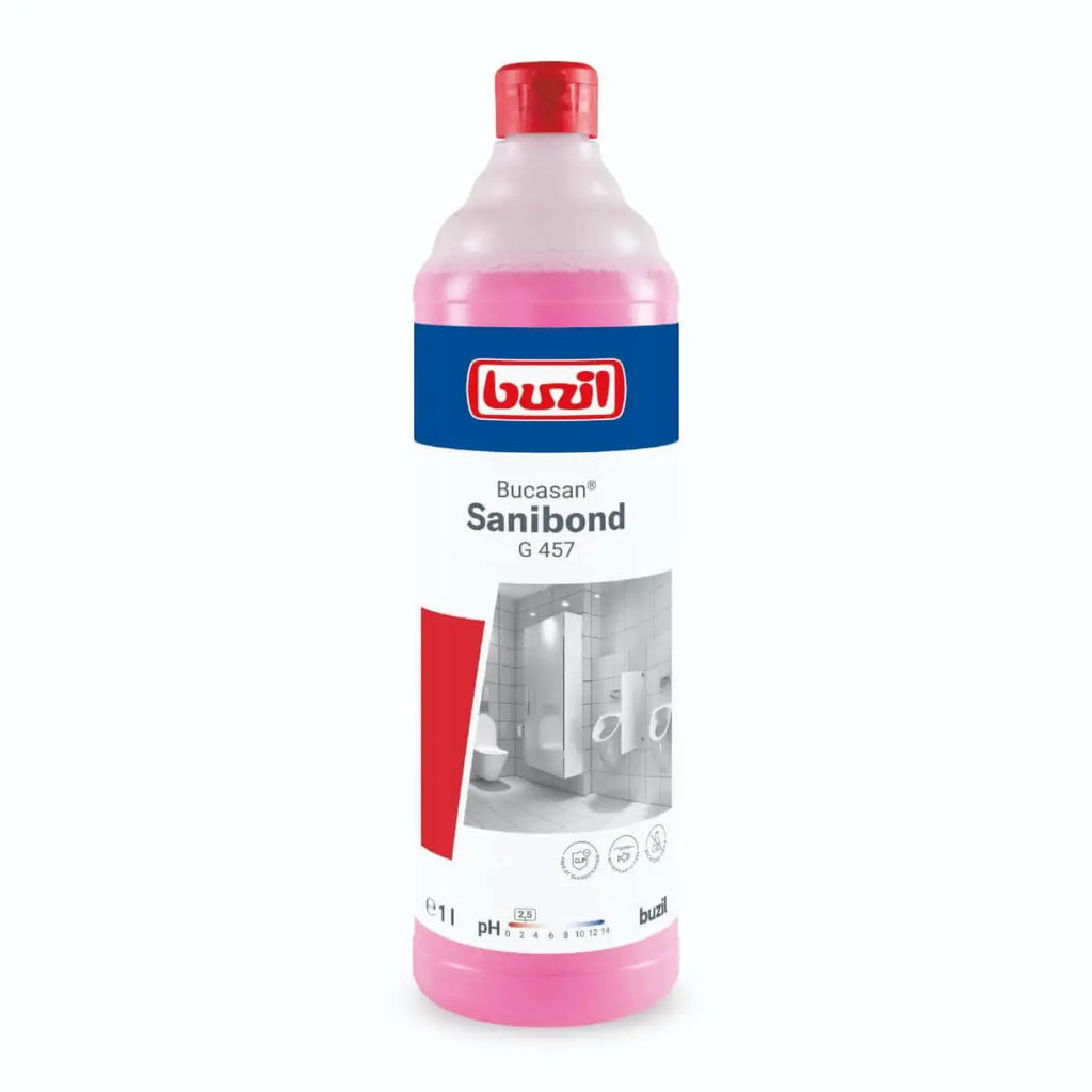 Flüssiger pinker sanitärreiniger buzil bucasan sanibond g 457 in transparenter plastikflasche mit rotem verschluss und blauem etikett