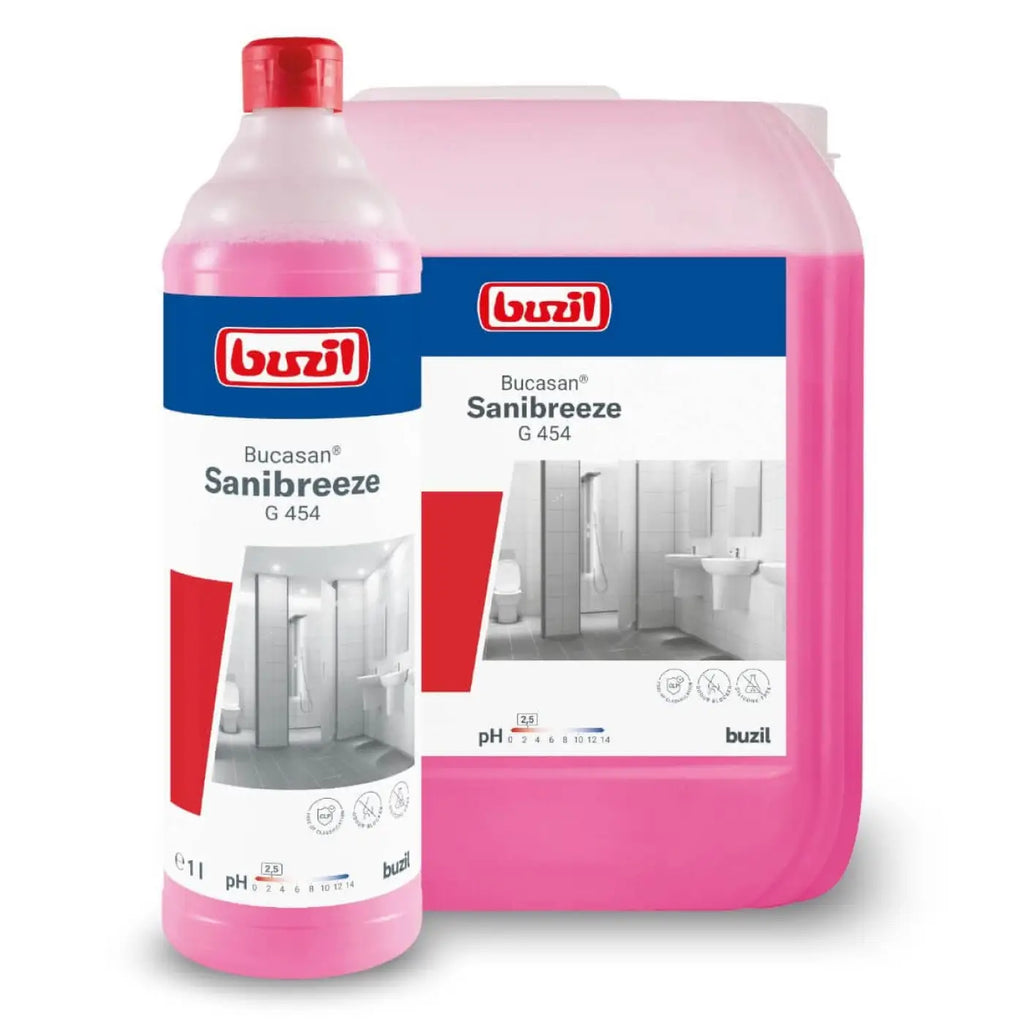 Buzil bucasan sanibreeze g454 sanitärreiniger mit geruchsblocker in rosa flasche mit rotem deckel und großer kanister