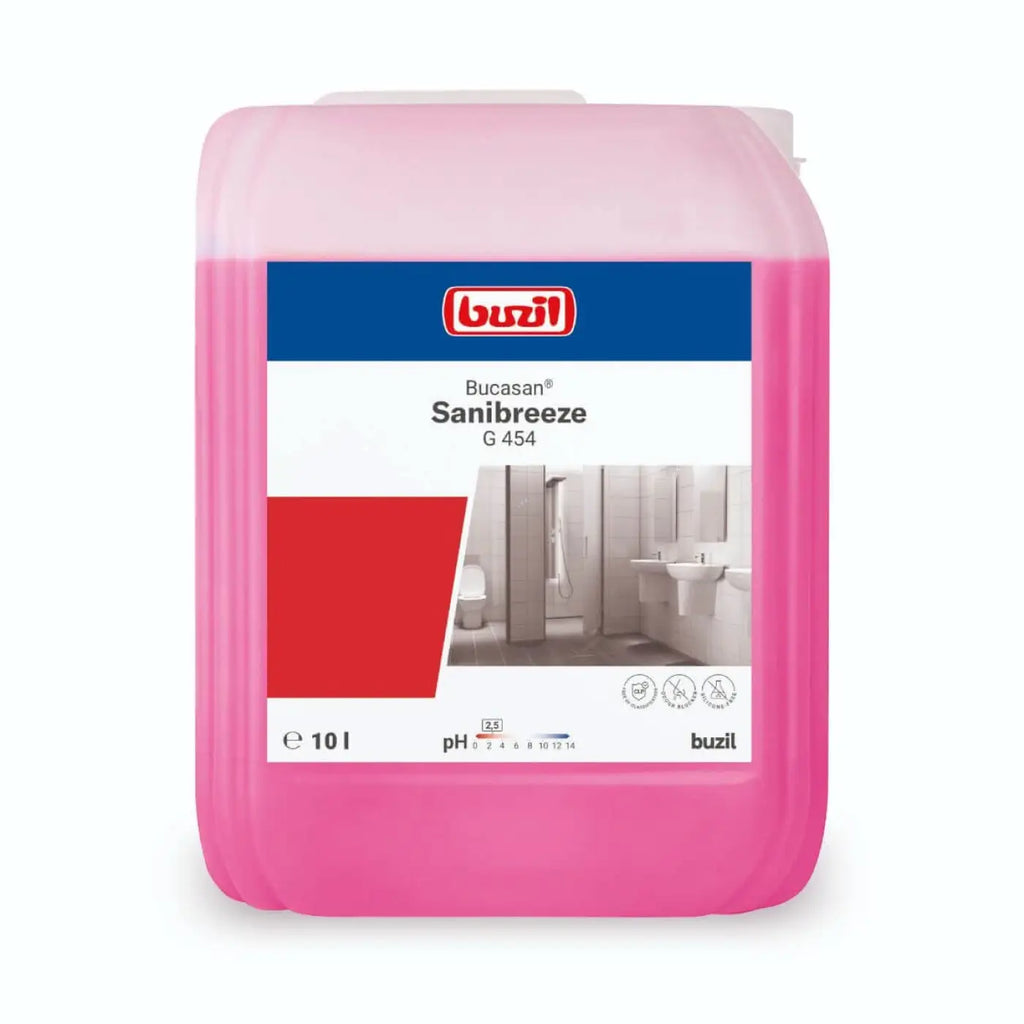 Rosa kunststoffcontainer von buzil bucasan sanibreeze g454 sanitärreiniger mit geruchsblocker 10 liter fassungsvermögen