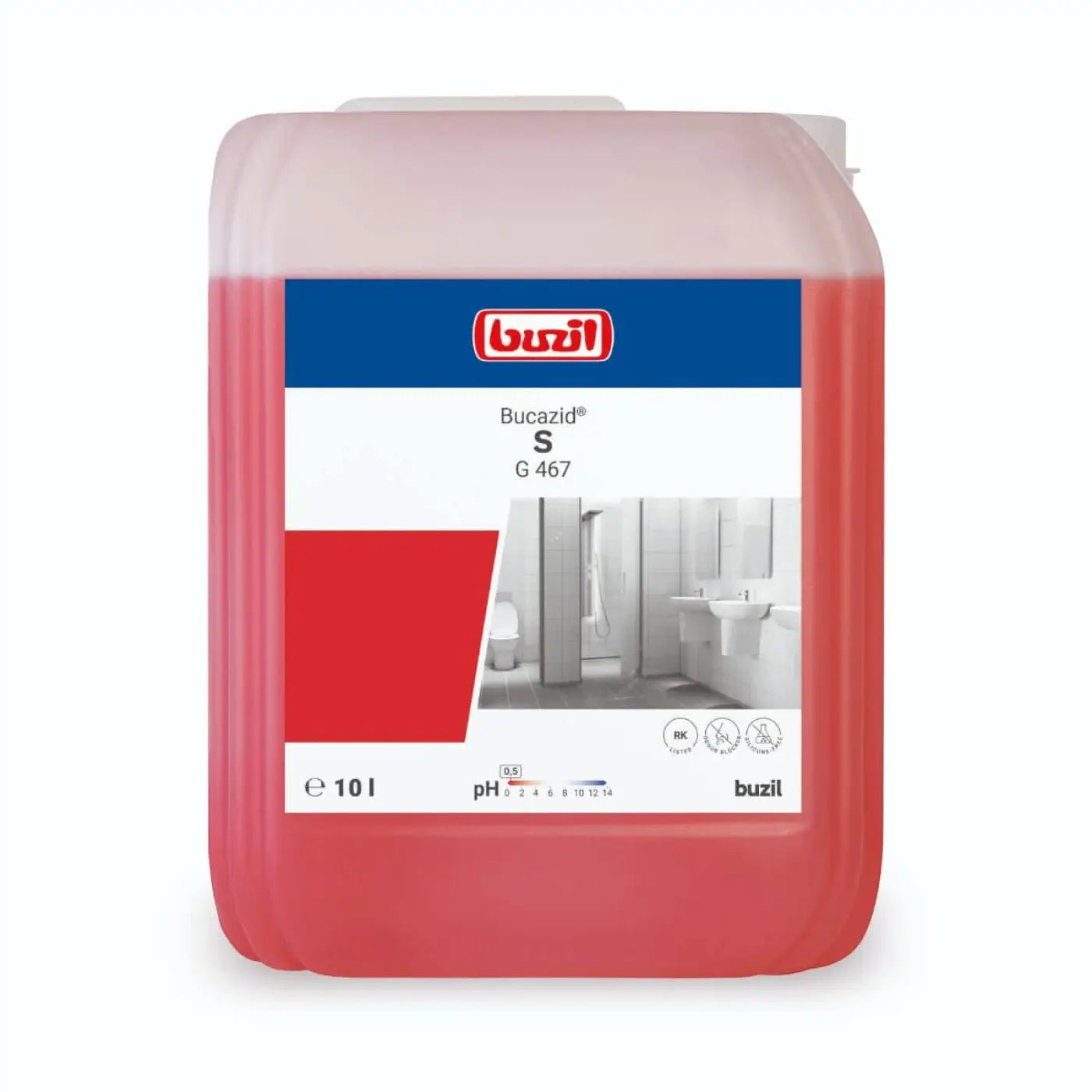 Ein 10 liter behälter buzil bucazid s g467 rotes sanitärrreiniger flüssigkeit in durchscheinendem kunststoffkanister