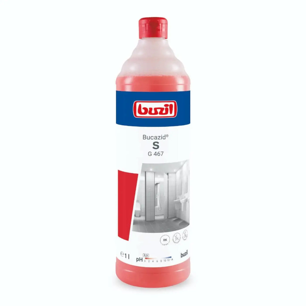 Ein roter plastikflasche bucazid s g 467 sanitärreiniger von buzil mit blau-weißem etikett und badezimmerbild