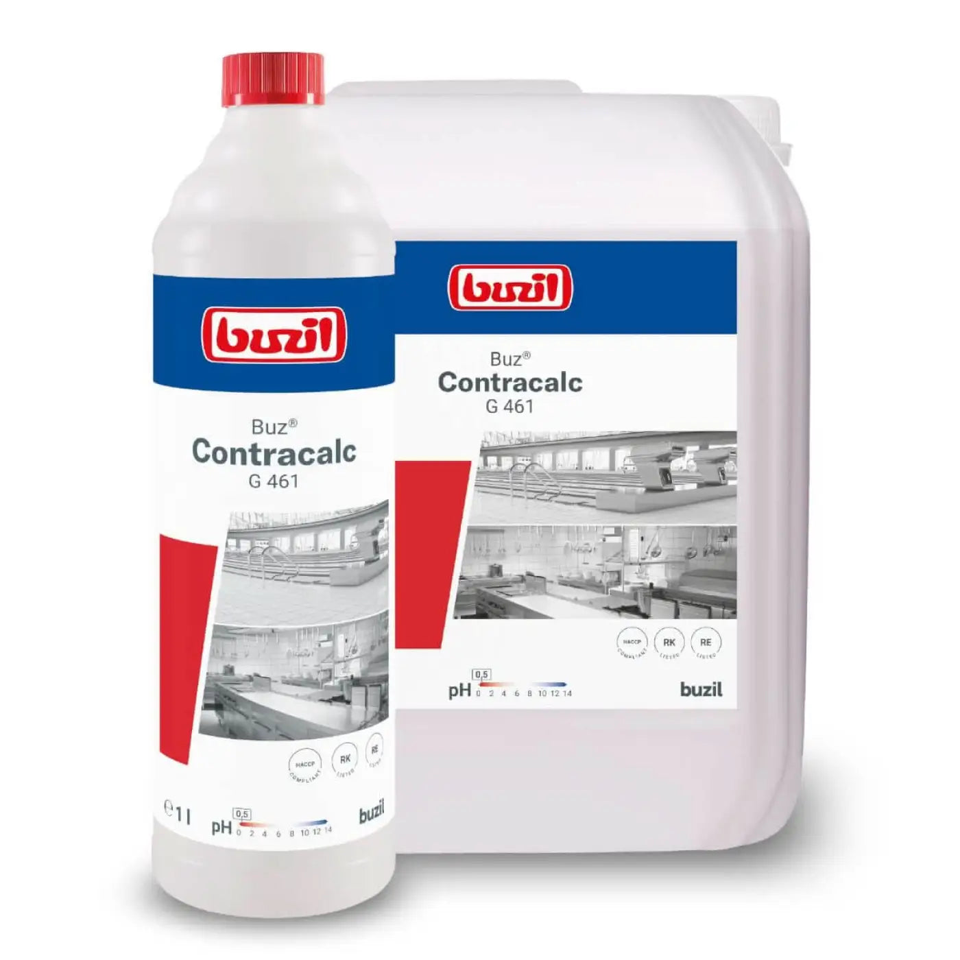 Weißes kunststoffflasche mit rotem deckel und label buzil contracalc g 461 neben größerem weißen gebinde für sauren grundreiniger 10l