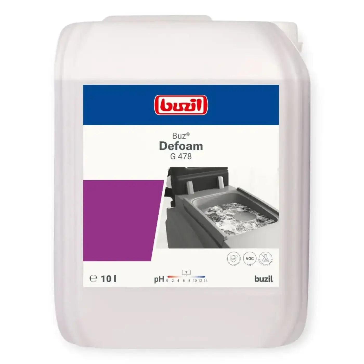 Weißer kunststoffbehälter buzil buz defoam g 478 10 liter industrie-entschäumer mit blau-weißem etikett und violettem farbfeld