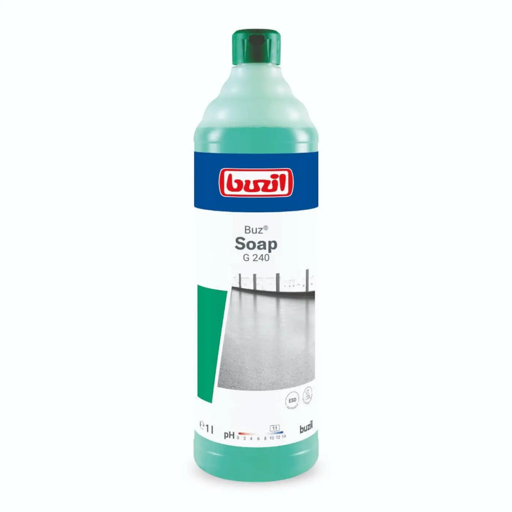 Ein durchscheinend grüner plastikflasche mit passendem deckel und der beschriftung buzil buz soap g240 seifenreiniger 1l