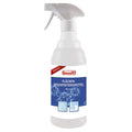 Weiße kunststoff-sprühflasche mit blau-weißem buzil etikett für flächendesinfektionsmittel 600 ml