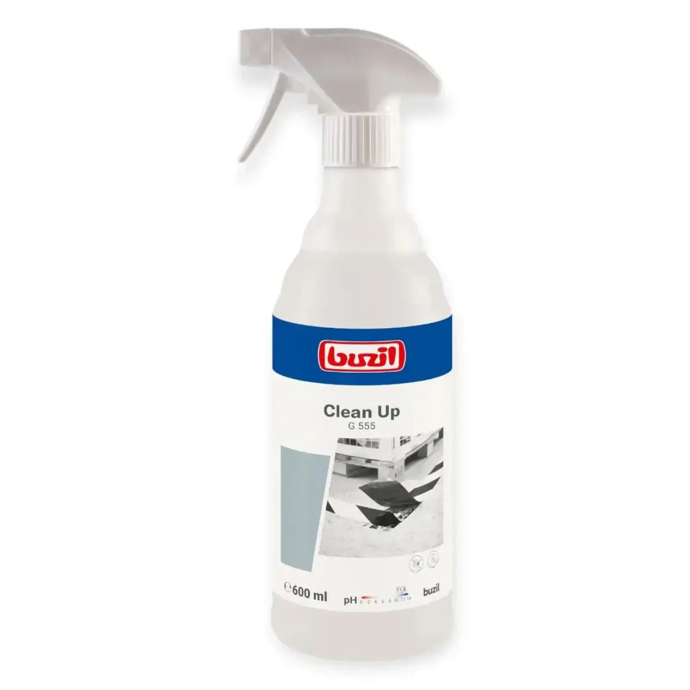 Weiße kunststoff-sprühflasche mit weißer abzugdüse clean up g 555 fleckenentferner von buzil 600ml