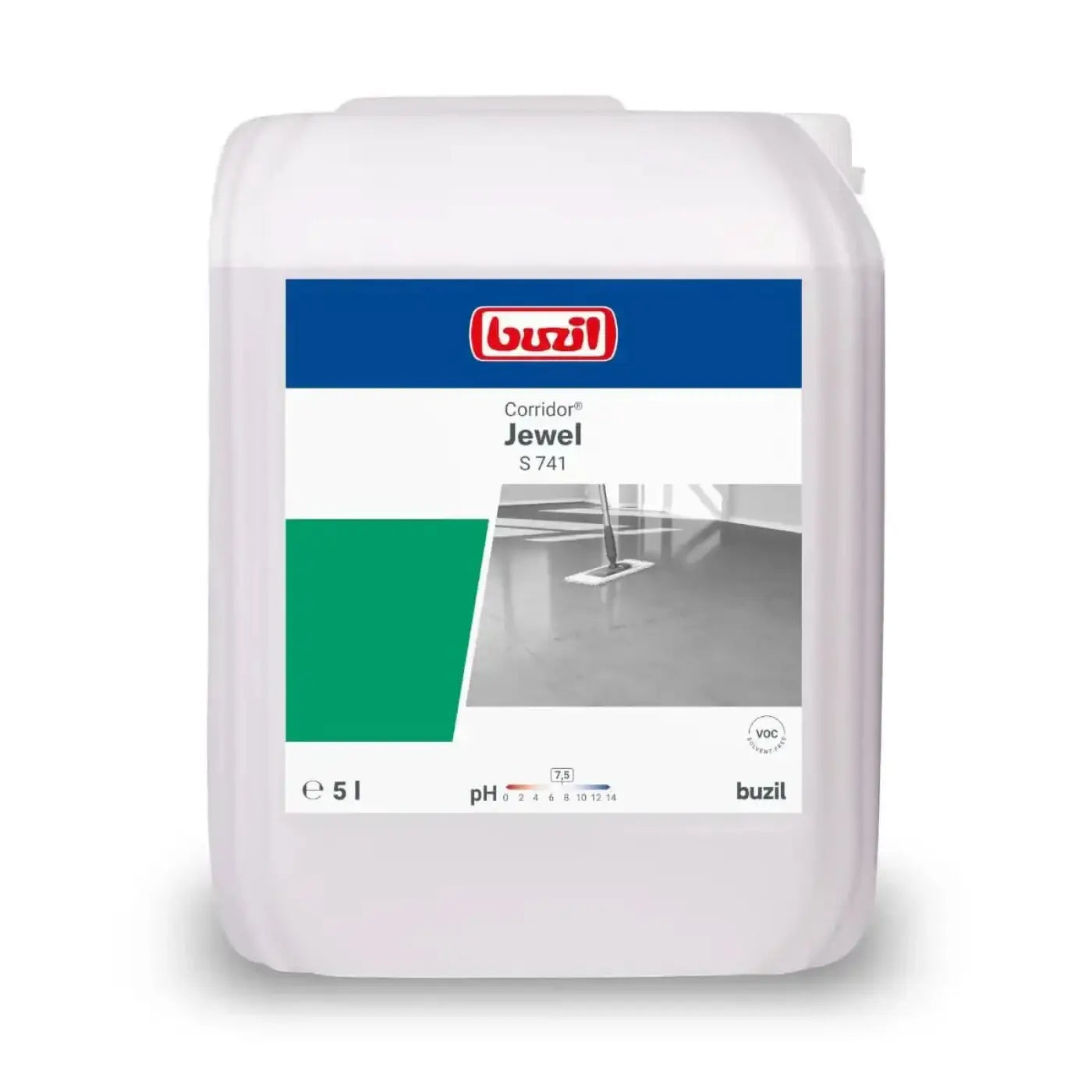 Weiße plastikflasche buzil corridor jewel s741 hochleistungsdispersion 5l mit blau grünem etikett und produktbild