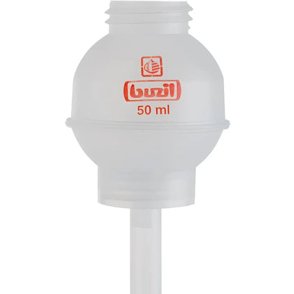 Transparente 50 ml kunststoff-dropperflasche mit rotem branding und schmalem rohr für buzil dosieraufsatz flaschen