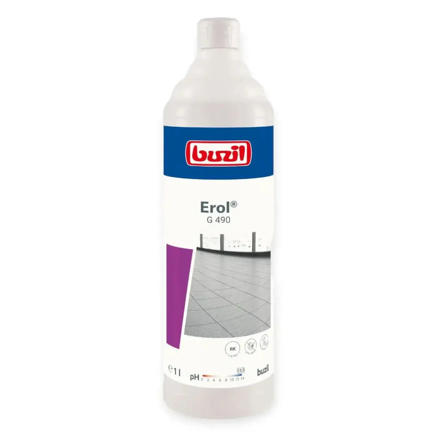 Weiße kunststoffflasche mit blau rotem etikett des buzil erol g490 alkalischer intensivreiniger 1l