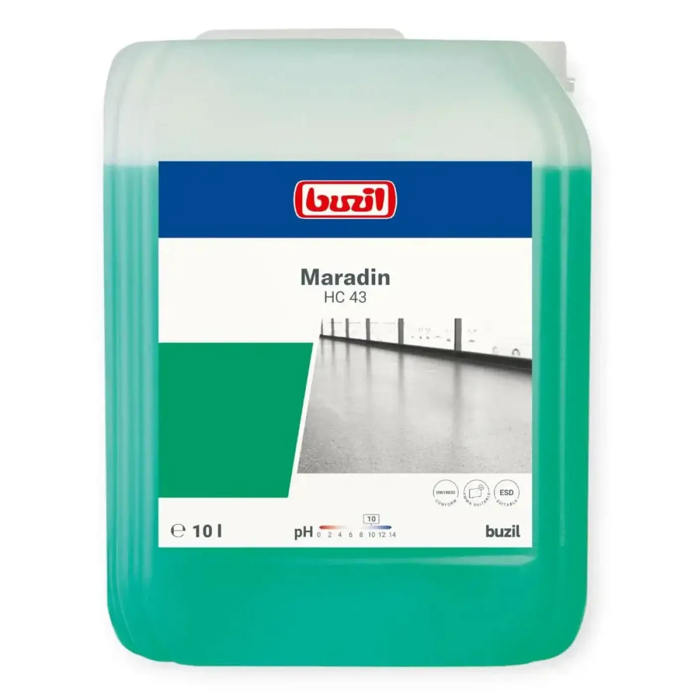 Ein 10 liter durchscheinender grüner kunststoffbehälter mit buzil maradin hc43 bodenintensivreiniger flüssigkeit