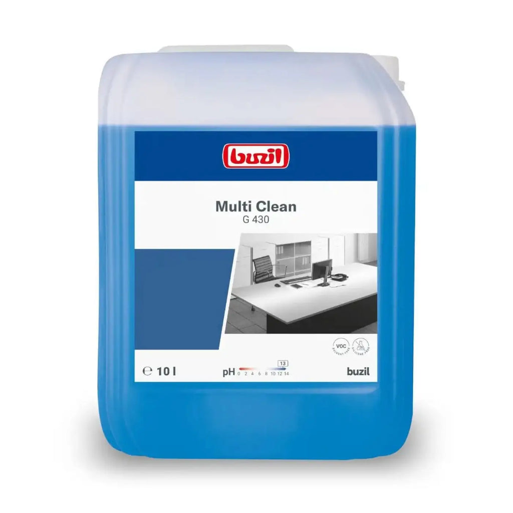 Blauer plastikbehälter buzil multi clean g 430 alkalischer aktivreiniger 10 liter mit weiß-blauem etikett