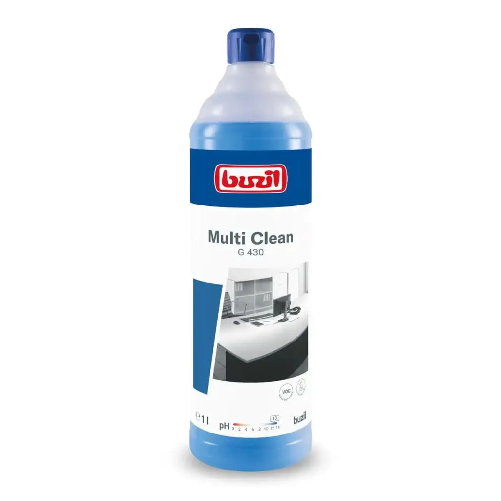 Buzil multi clean g 430 alkalischer aktivreiniger in 1l transparenter plastikflasche mit blauem etikett und flüssigkeit