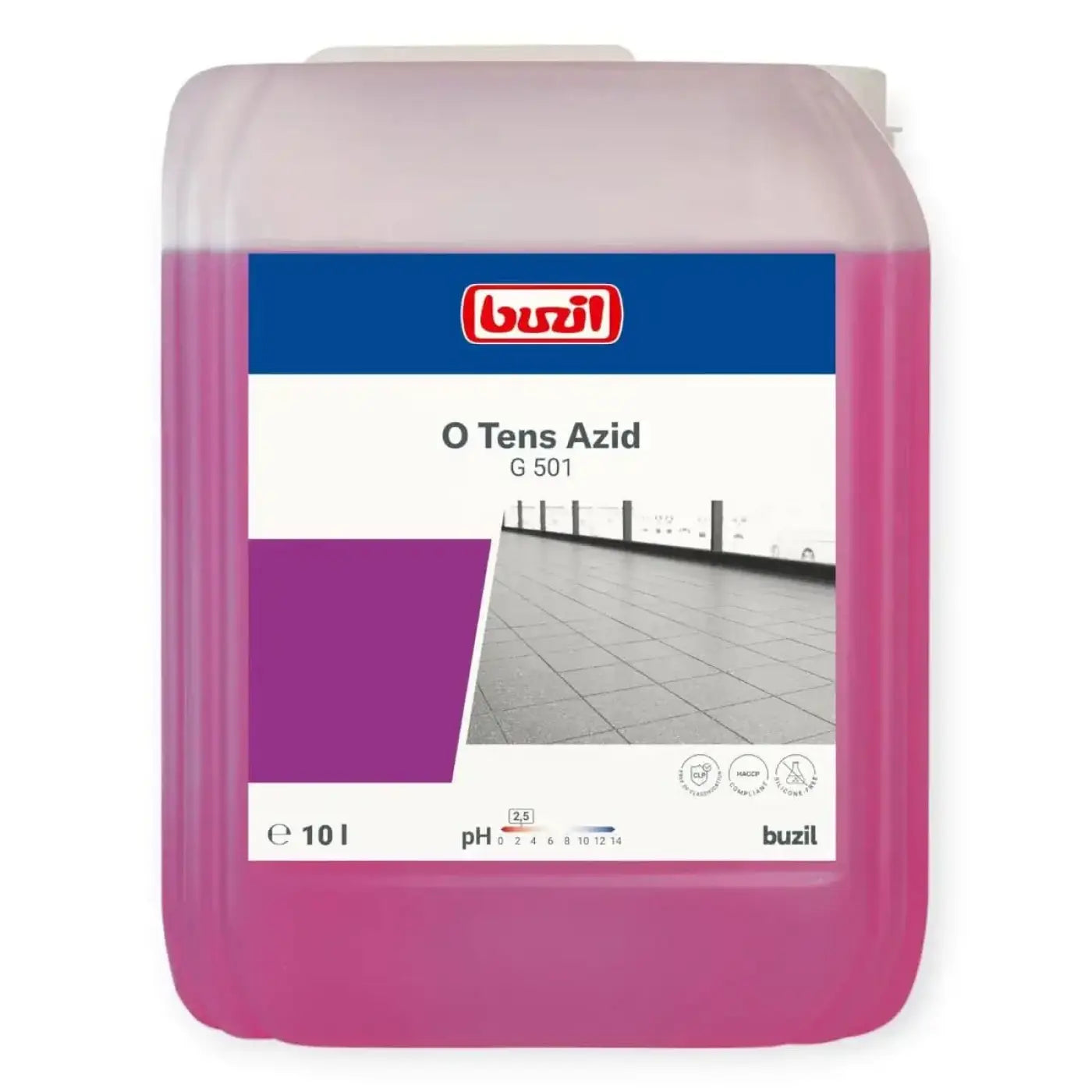 Ein 10-liter kanister mit rosa tensidfreiem feinsteinzeugreiniger von buzil o tens azid g 501
