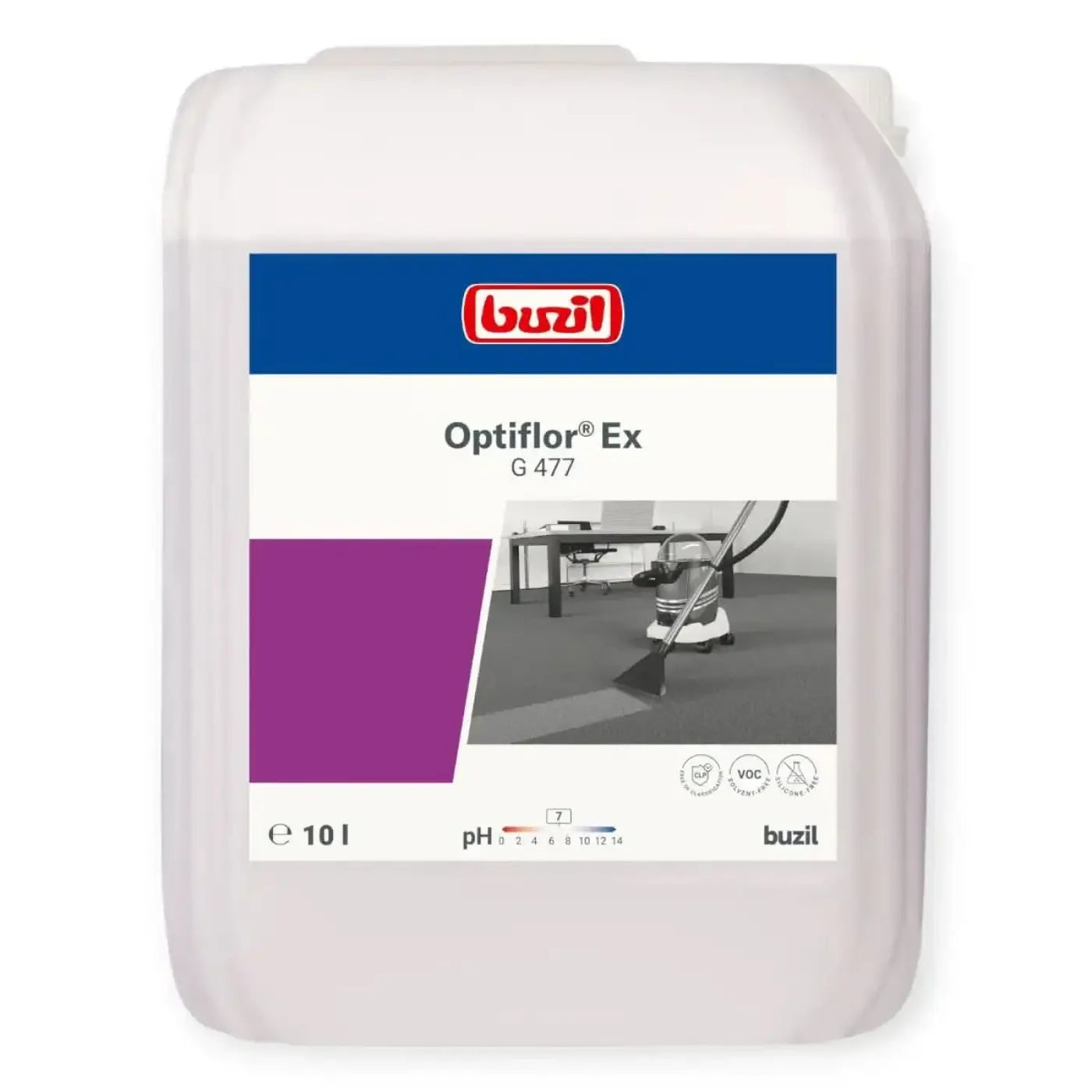 Ein weißer kunststoffbehälter mit 10 litern buzil optiflor ex g477 teppich-grundreiniger bodenreinigungslösung