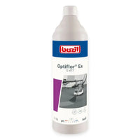 Weiße plastikflasche mit blau-rotem etikett und staubsaugerbild mit buzil optiflor ex g477 teppich-grundreiniger 1l